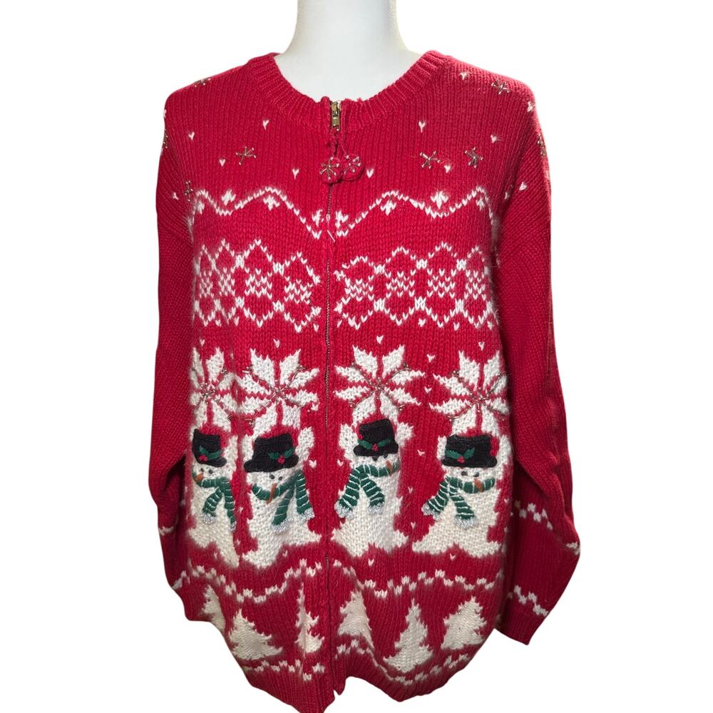 Croft & Barrow Vintage Christmas Snowman Cardigan Sweater, Holiday Beaded, XL